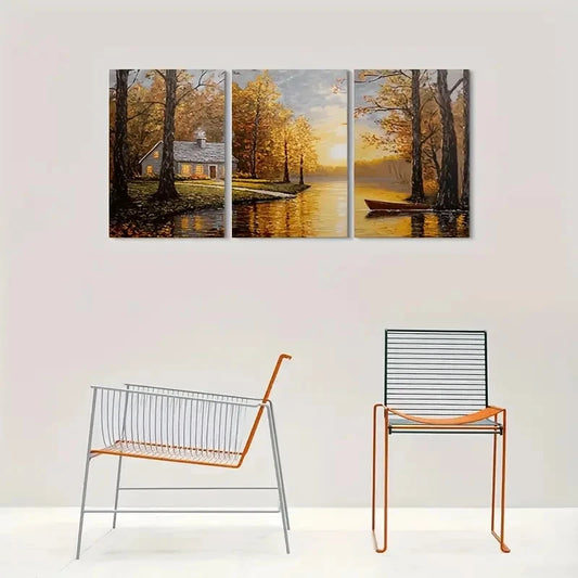 3pcs Autumn Serenity Lake with Boat Metal Print Ready to Hang Art