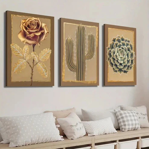 3pcs Golden Roses Cactus And Succulents Wall Art Set Canvas Unframed - High Quality Print 100% Australian Made Wall Canvas