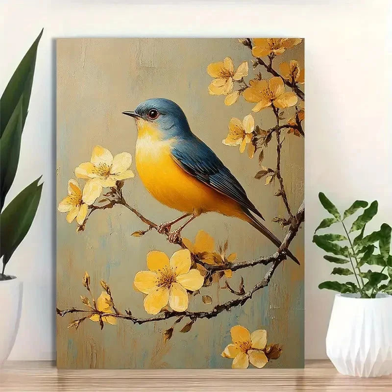 Beautiful Blue & Yellow Bird on Blossoming 40x60cm Metal Print Ready to Hang