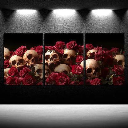 3pcs Vibrant Skeleton in the Rose Flowers Design Metal Print Ready to Hang Art