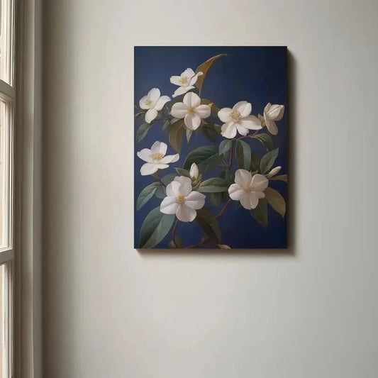 Floral painting of white flowers on a dark blue background hanging on a wall.
