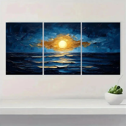 3pcs Abstract Blue & Golden Textured Artwork Metal Print Ready to Hang Art