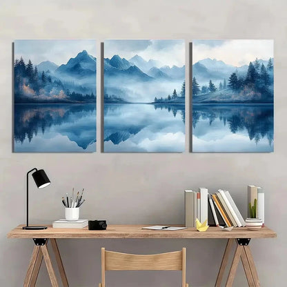 3pcs Serene Landscape Blue & Golden Hues Metal Print Ready to Hang Art