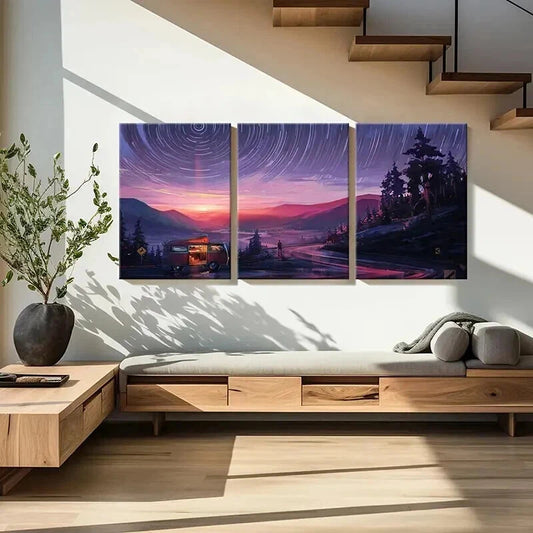 3pcs Anime Scenery Vaporwave Sunset Cars & Road Wall Art Set Canvas Framed 40x60cm - High Quality Print 100% Australian Made Wall Canvas Ready to Hang
