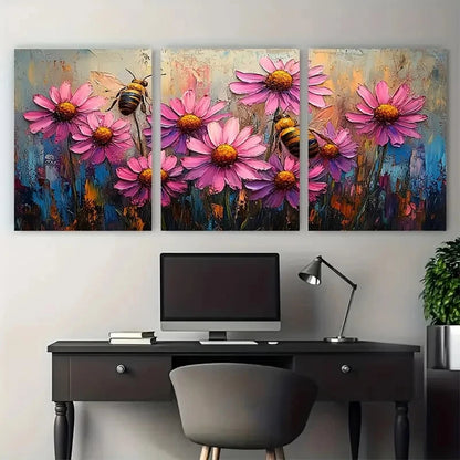 3pcs Pink Daisy Coneflower with Bee Impasto Design Metal Print Ready to Hang Art