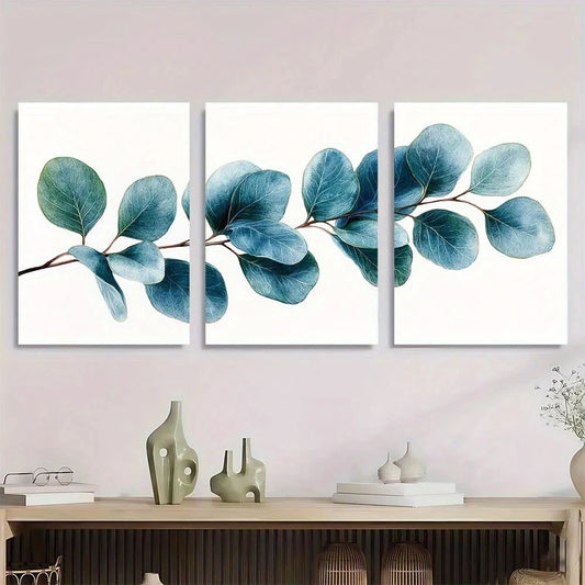 3pcs Elegant Blue & Green Leaf Design Metal Print Ready to Hang Art