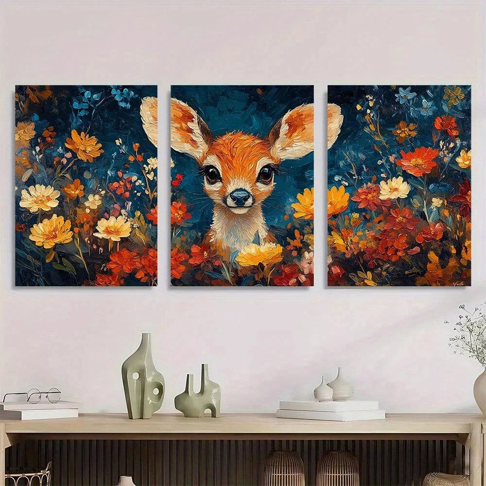 3pcs Cute Deer Colourful Flowers Metal Print Ready to Hang Art