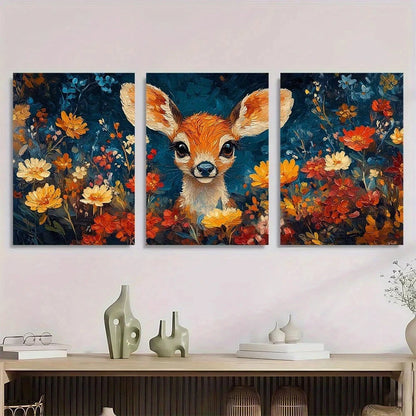 3pcs Cute Deer Colourful Flowers Metal Print Ready to Hang Art