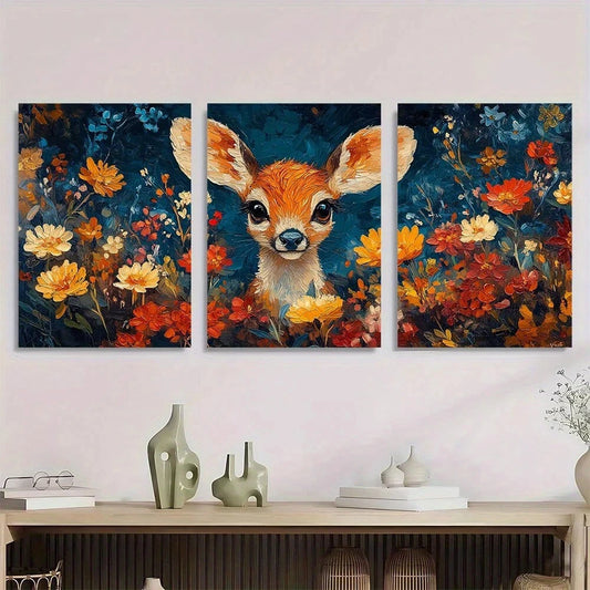 3pcs Cute Deer Colourful Flowers Metal Print Ready to Hang Art