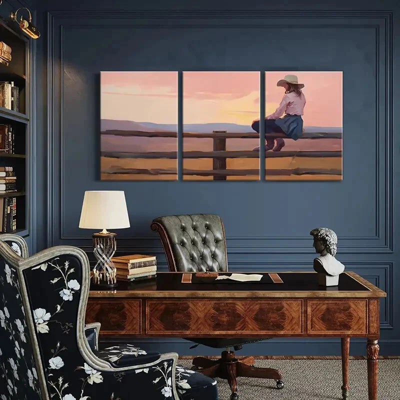 3pcs Serene Sunset Landscape with Woman on Fence Metal Print Ready to Hang Art