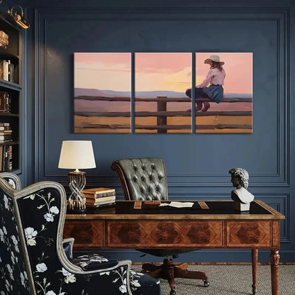 3pcs Serene Sunset Landscape with Woman on Fence Metal Print Ready to Hang Art