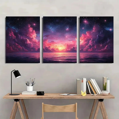 3pcs Starry Sky Cosmic Clouds & Ocean Waves Metal Print Ready to Hang Art