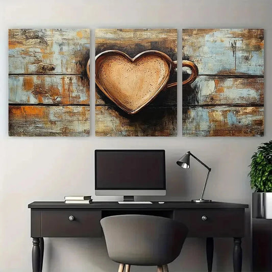 3pcs Heart Shaped Coffee Cup Illustration Metal Print Ready to Hang Art