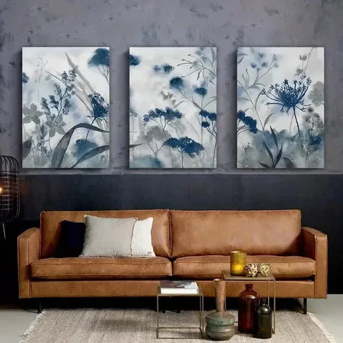 3pcs Blue Grey Flower Leaf Canvas Framed 60x90cm - High Quality Print 100% Australian Made Wall Canvas Ready to Hang