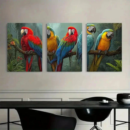 3pcs Colorful Parrots in Jungle Painting Metal Print Ready to Hang Art