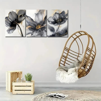 3pcs Luxury FloralBlack And Golden Abstract Flower Metal Print Ready to Hang Art