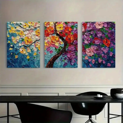 3pcs Colorful Flowers on a Tree in Impasto Metal Print Ready to Hang Art