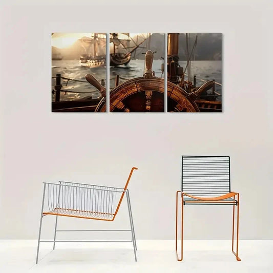 3pcs Vintage Ship Wheel Nautical Decor Metal Print Ready to Hang Art