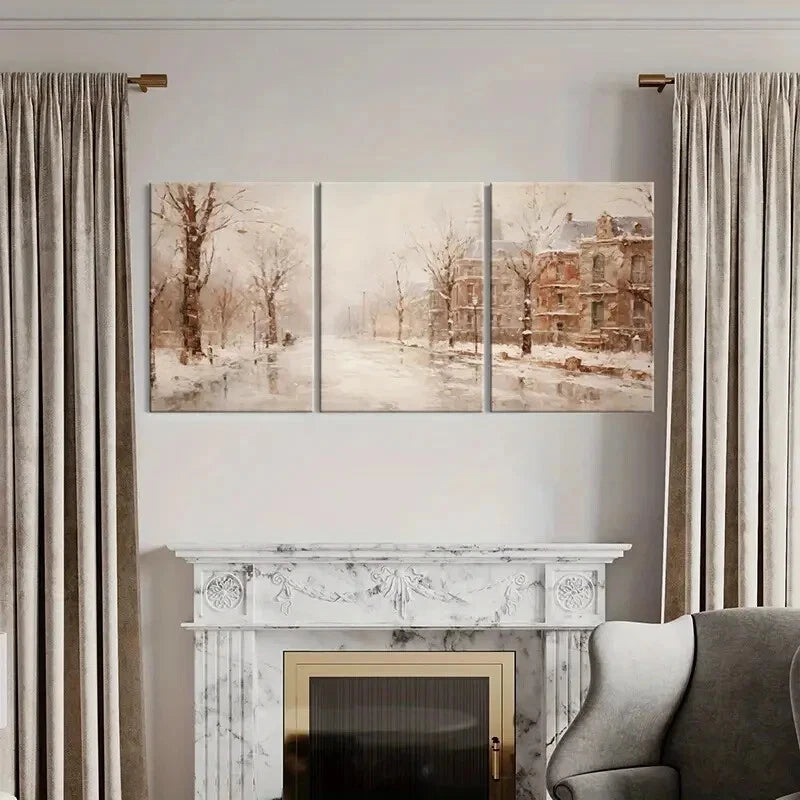 3pcs Snowy Street Winter Landscape Victorian House Metal Print Ready to Hang Art