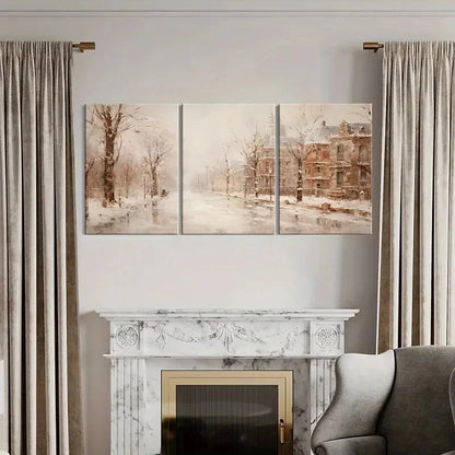 3pcs Snowy Street Winter Landscape Victorian House Metal Print Ready to Hang Art