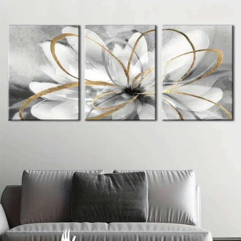 3pcs Flowers Abstract Designs with Golden Lines Metal Print Ready to Hang Art