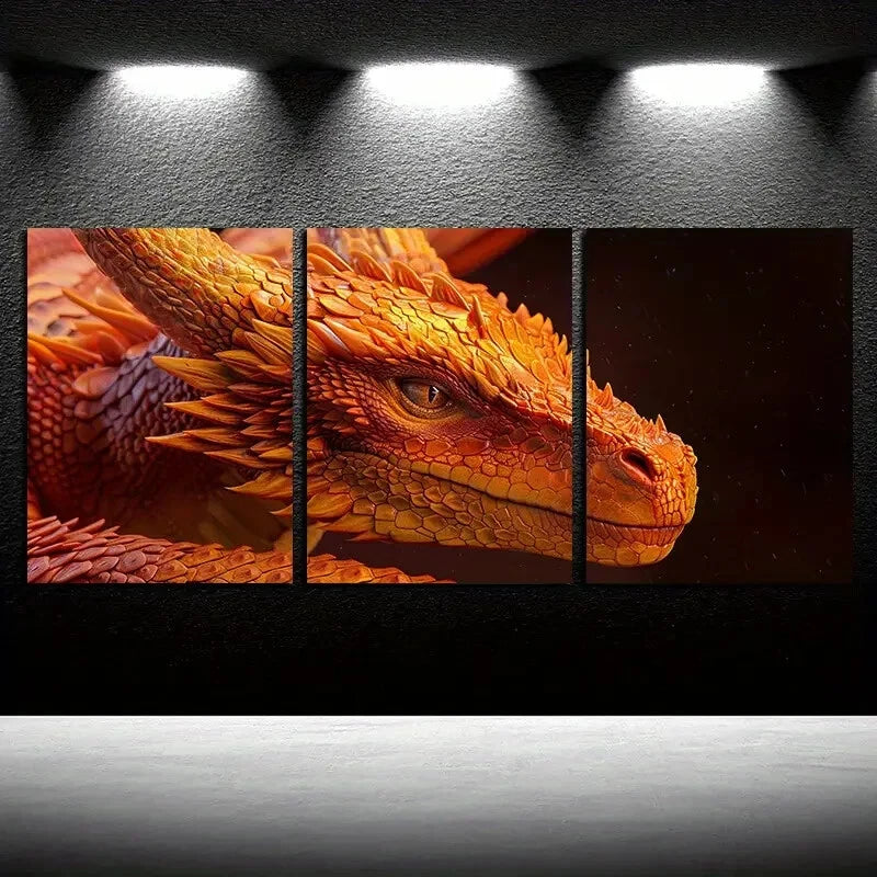 3pcs Vibrant Flame Dragon portrait Metal Print Ready to Hang Art