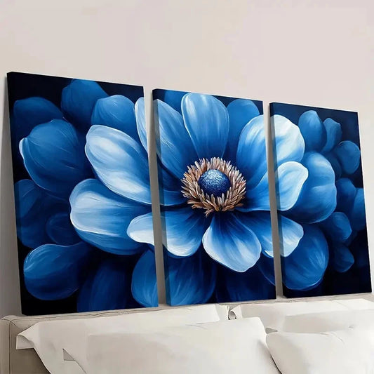 3pcs Flower Painting Print Blue Flower Art V   Wall Art Set Canvas Framed 50x70cm - High Quality Print 100% Australian Made Wall Canvas Ready to Hang