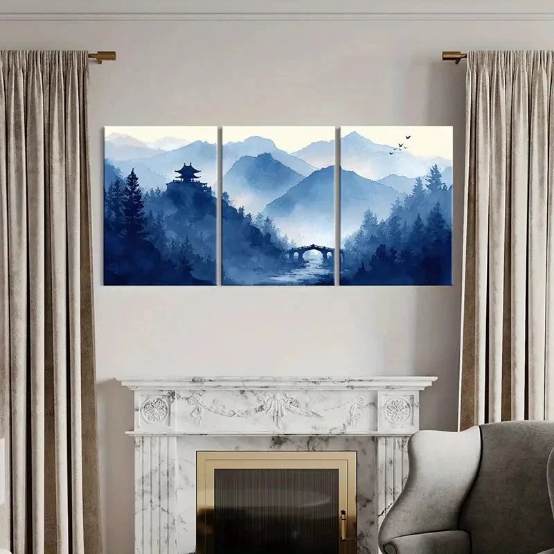 3pcs Mountain Landscape Ancient Temple Bridge Metal Print Ready to Hang Art