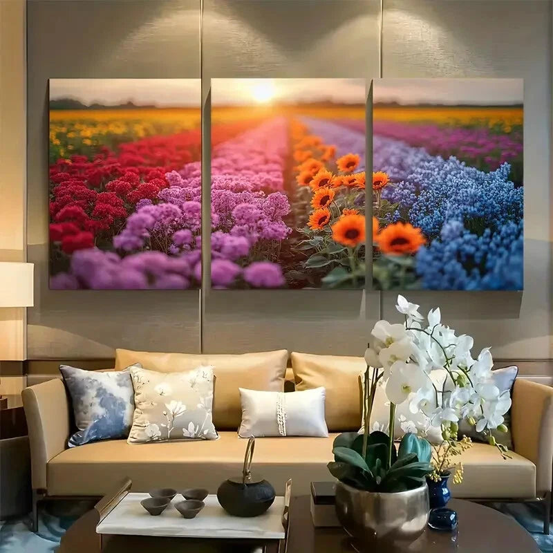3pcs Different Color Floral Field at Sunset Design Metal Print Ready to Hang Art