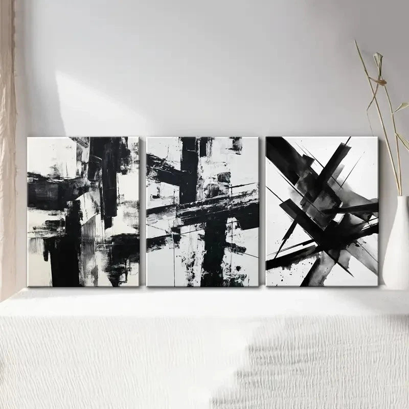 3pcs Minimalist Black & White Striped Painting Metal Print Ready to Hang Art