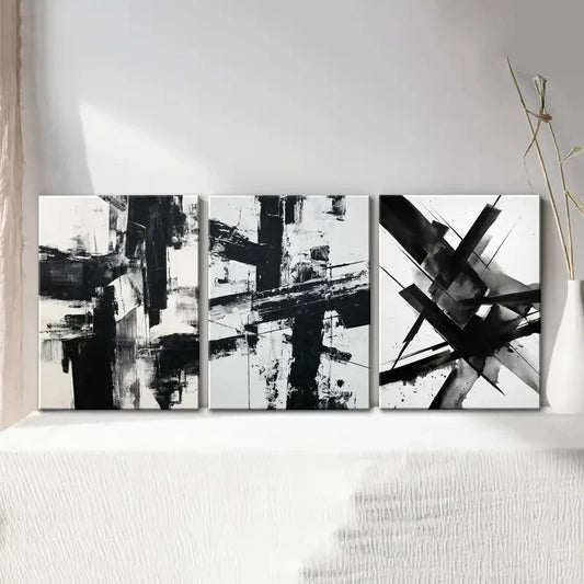 3pcs Minimalist Black & White Striped Painting Metal Print Ready to Hang Art