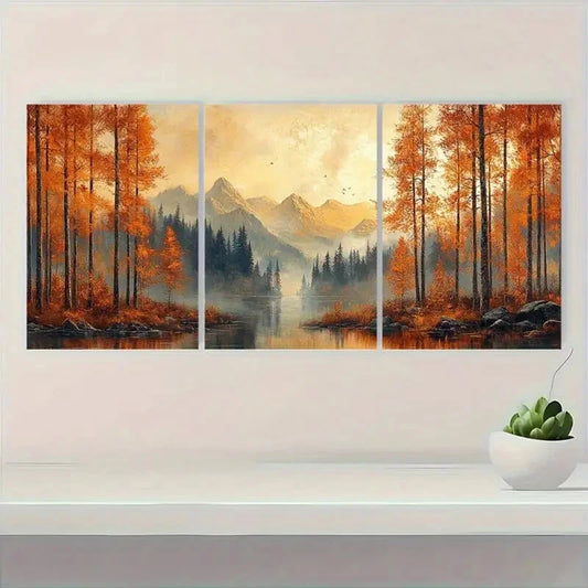 3pcs Vintage Autumn Mountain Landscape Scene Metal Print Ready to Hang Art