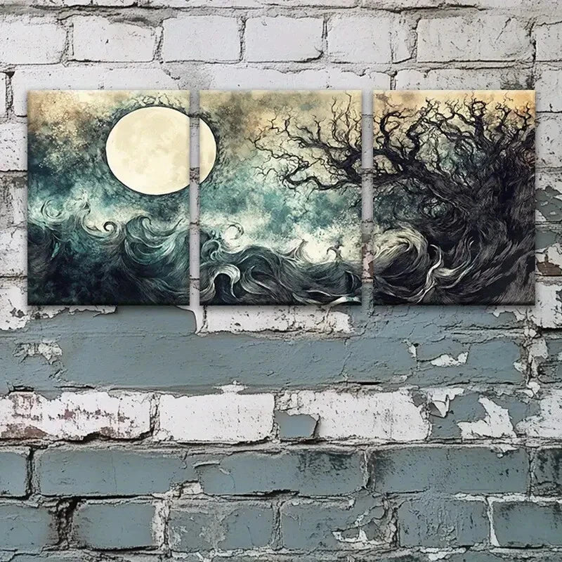 3pcs Dreamy Abstract Moon & Tree Metal Print Ready to Hang Art