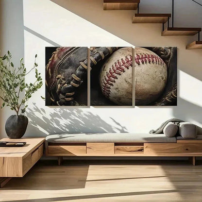 3pcs Vintage Baseball Glove and Ball Wall Art Set Canvas Framed 40x60cm - High Quality Print 100% Australian Made Wall Canvas Ready to Hang