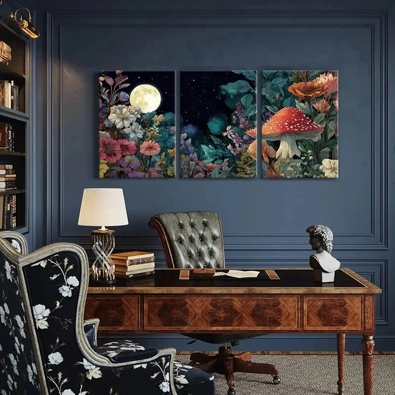 3pcs Enchanting Floral Fantasy with Red Mushroom Metal Print Ready to Hang Art