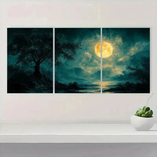 Three-panel wall art depicting a moonlit landscape with a tree and body of water.