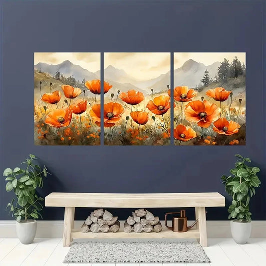 3pcs Poppy Watercolor Wildflowers Fields Perfect Wall Art Set Canvas Framed 40x60cm - High Quality Print 100% Australian Made Wall Canvas Ready to Hang