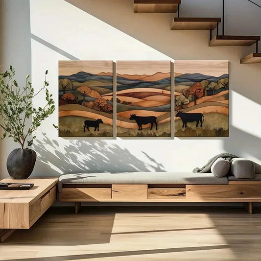 3pcs Woodland Scene Rolling Hills Black Cows Metal Print Ready to Hang Art