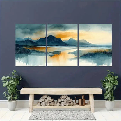 3pcs Abstract Landscape with Mountains Watercolor Metal Print Ready to Hang Art