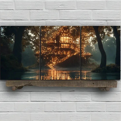 3pcs The Glass House By The River Trees Metal Print Ready to Hang Art