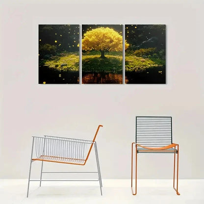 3pcs Vibrant Foliage & Butterflies Golden Tree Metal Print Ready to Hang Art