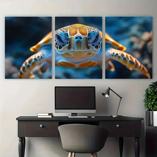3pcs Fantasy Turtle Closeup Underwater Scene Metal Print Ready to Hang Art