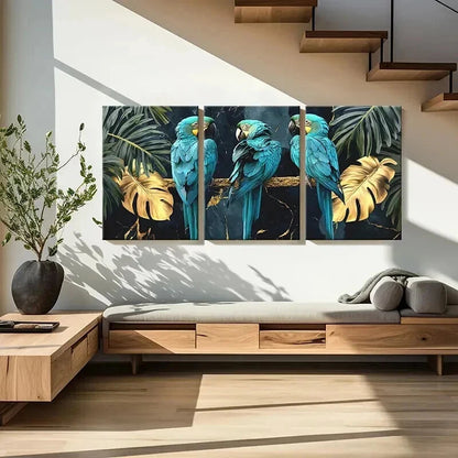 3pcs Exotic Parrots On Golden Tree Branch Wall Art Set Canvas Framed 40x60cm - High Quality Print 100% Australian Made Wall Canvas Ready to Hang