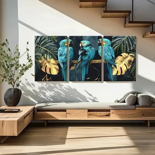 3pcs Exotic Parrots On Golden Tree Branch Wall Art Set Canvas Framed 40x60cm - High Quality Print 100% Australian Made Wall Canvas Ready to Hang