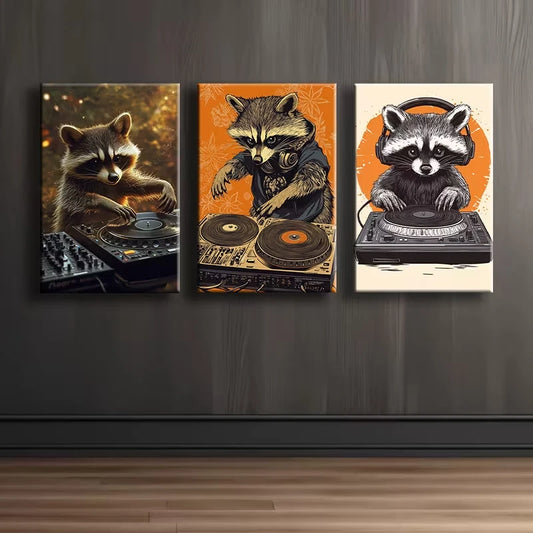 3pcs Raccoon as a DJ Funny Illustration Wall Art Set Canvas Framed 60x90cm - High Quality Print 100% Australian Made Wall Canvas Ready to Hang