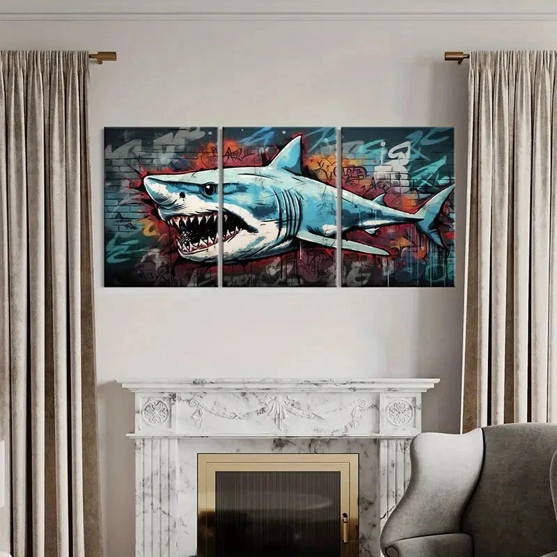 3pcs Shark Street Graffiti Style Urban Art Metal Print Ready to Hang Art