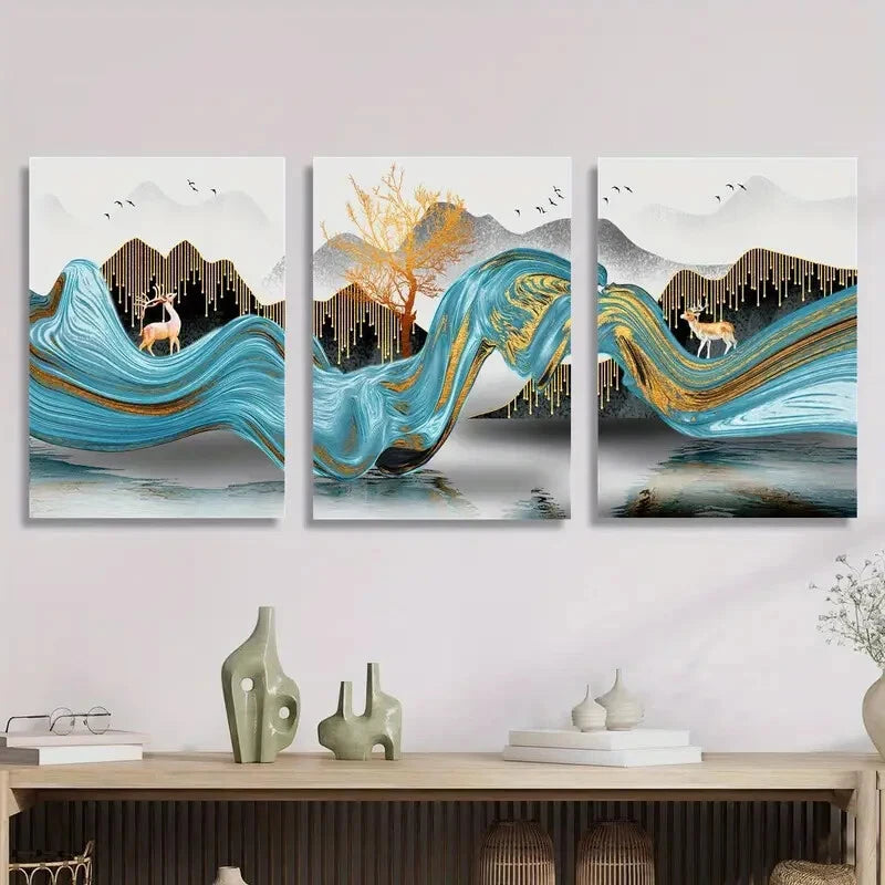 3pcs Light luxury style,Elk, birds, mountains, Metal Print Ready to Hang Art