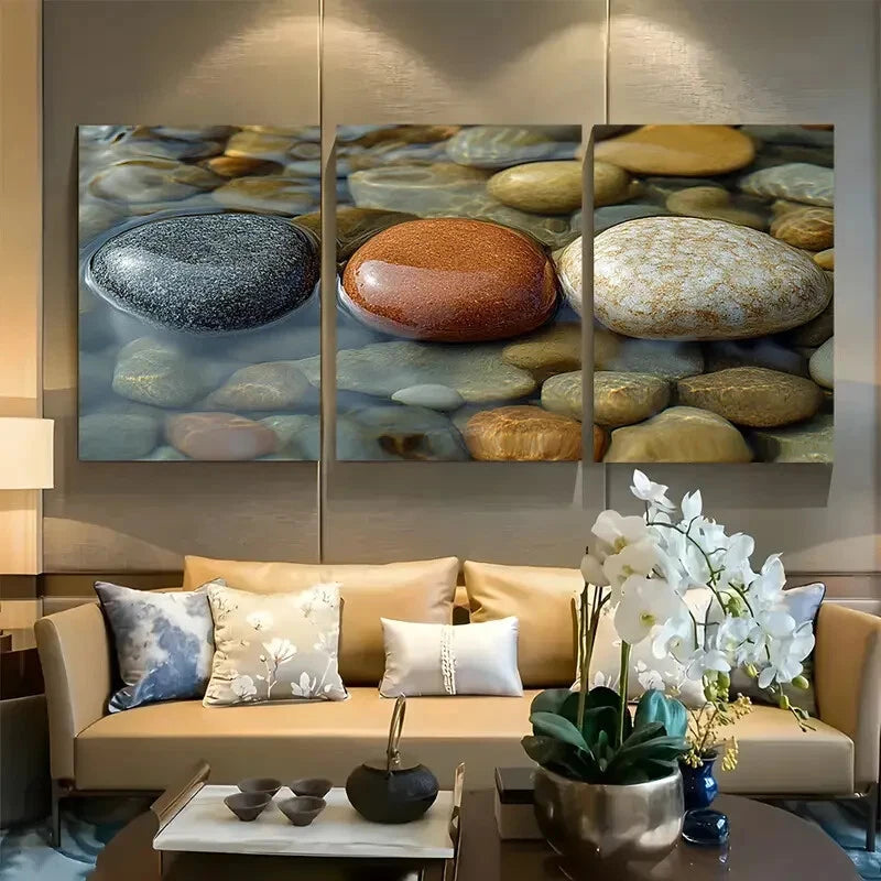 3pcs Tranquil Riverbed Stones Design Metal Print Ready to Hang Art