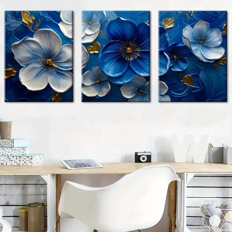 3pcs Abstract Blue And White Floral Designs Metal Print Ready to Hang Art