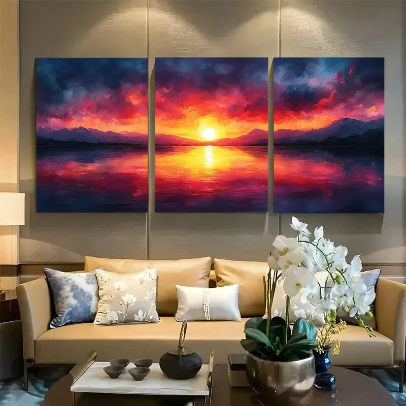 3pcs Dramatic Watercolor Sunset Landscape Metal Print Ready to Hang Art